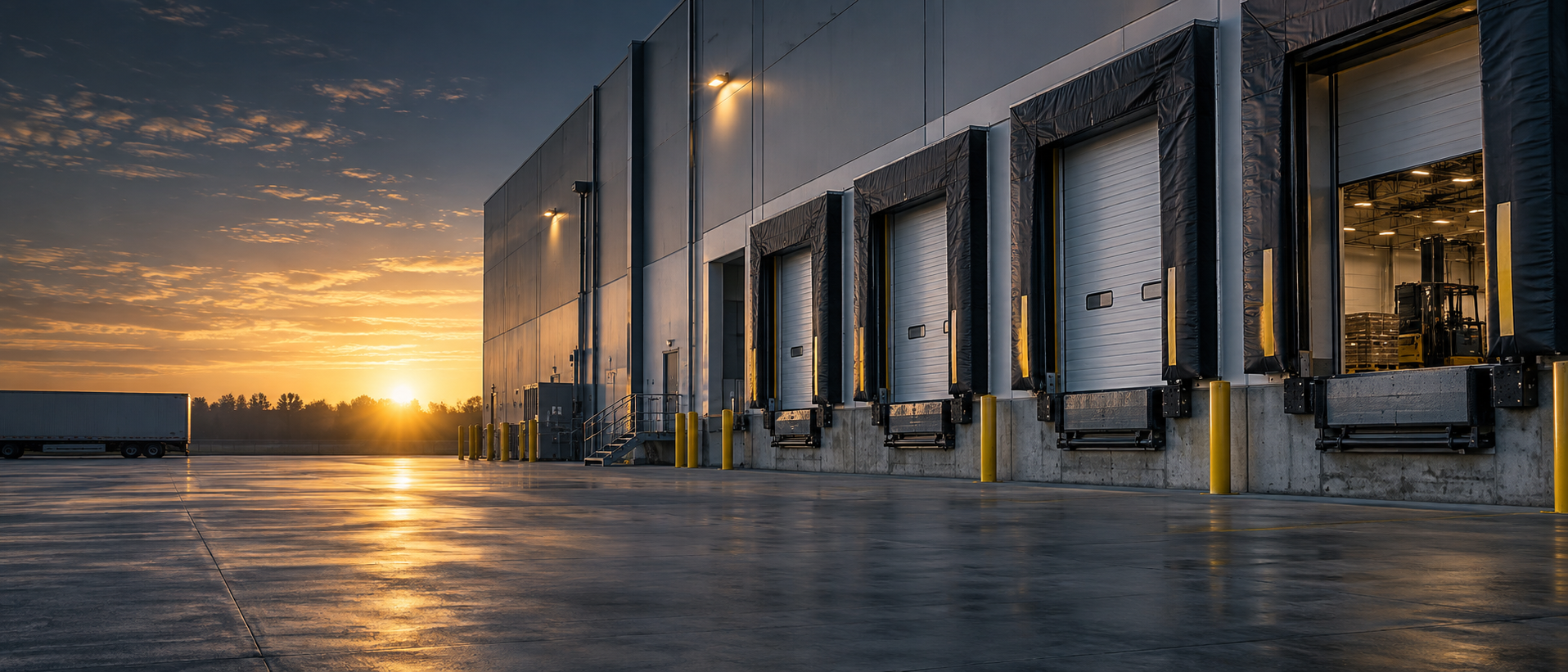 Commercial loading dock at sunrise